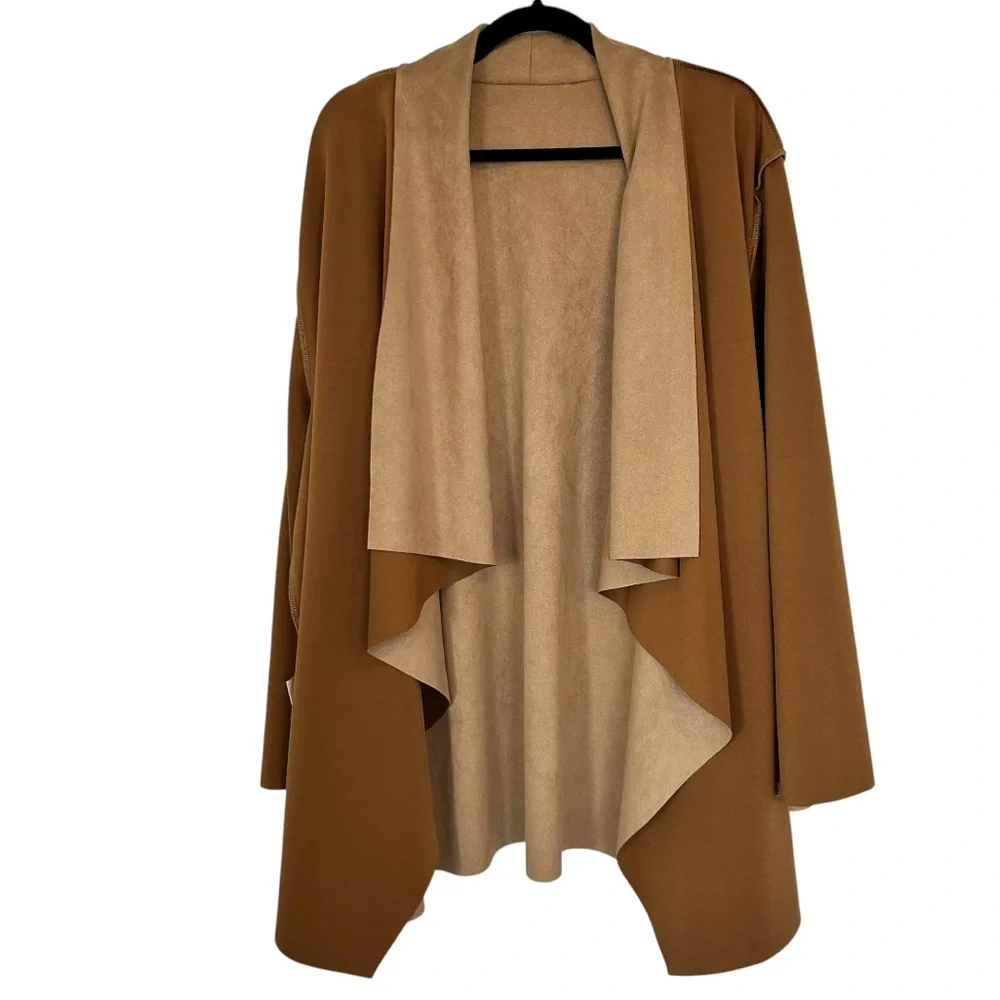 PHILOSOPHY WOMAN Plus Waterfall Jacket‎ Faux Tan Leather/Suede Patch Pockets 3X